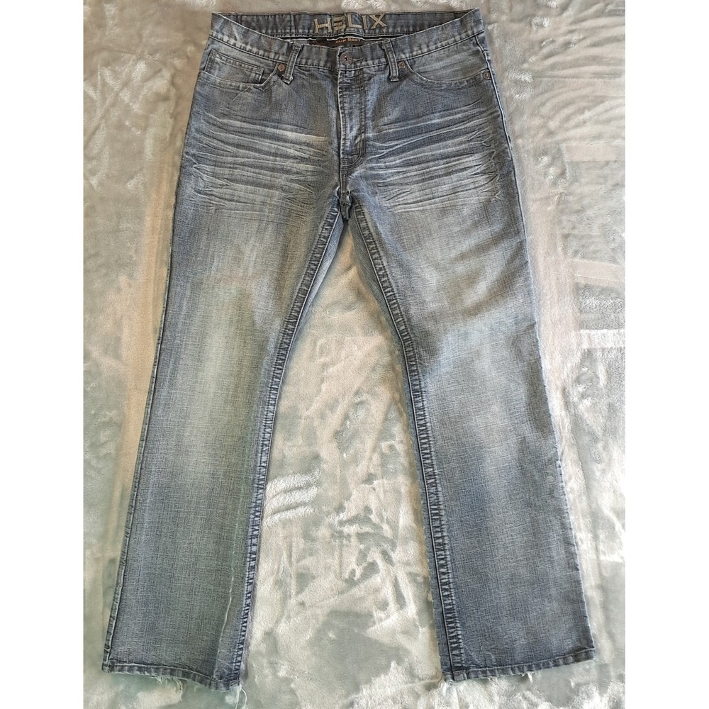 Helix Slim Boot Cut Jeans Mens 34x30 Blue Medium Wash Whiskered Distressed Y2K